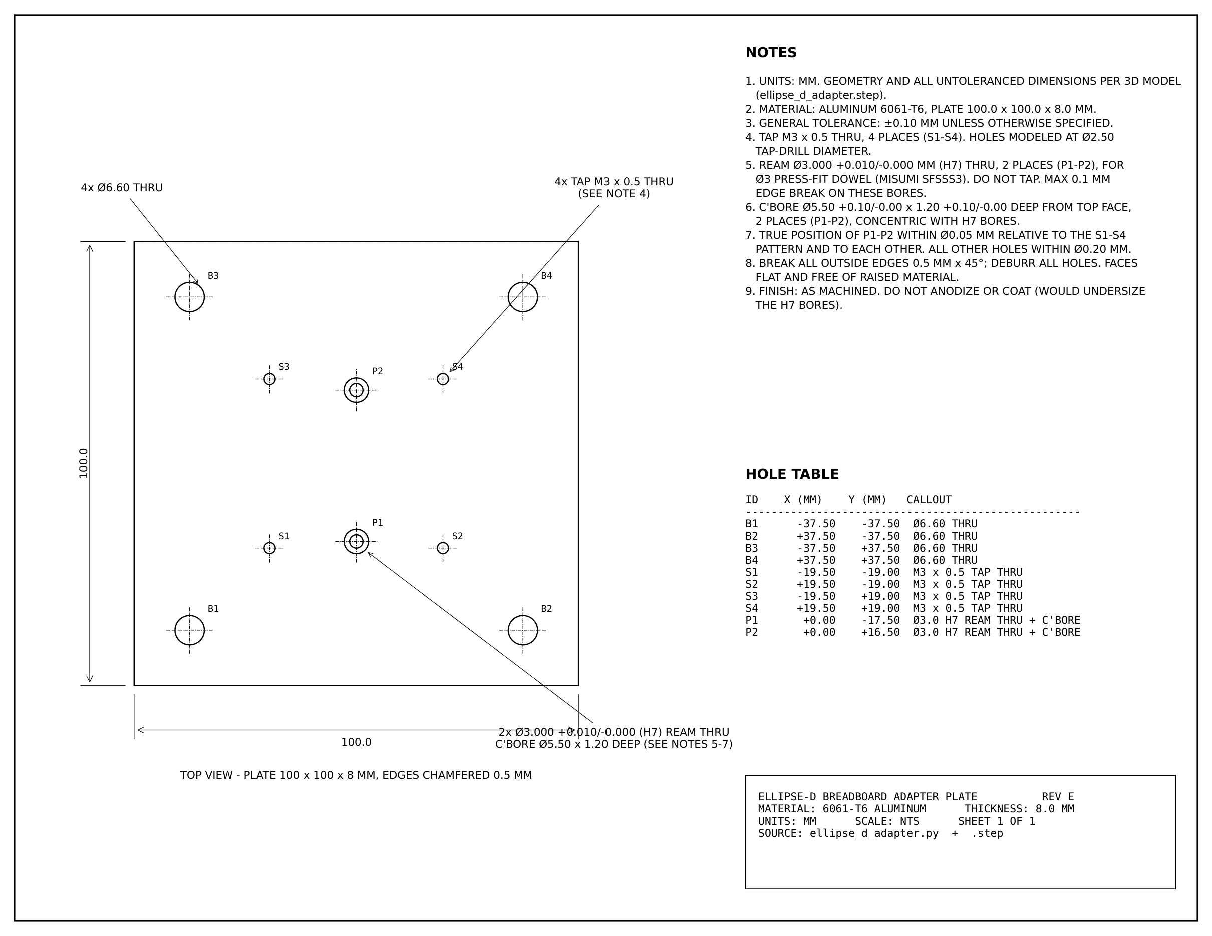 Vendor-ready technical drawing of the Ellipse-D adapter plate with hole table, tolerances, and machining notes.