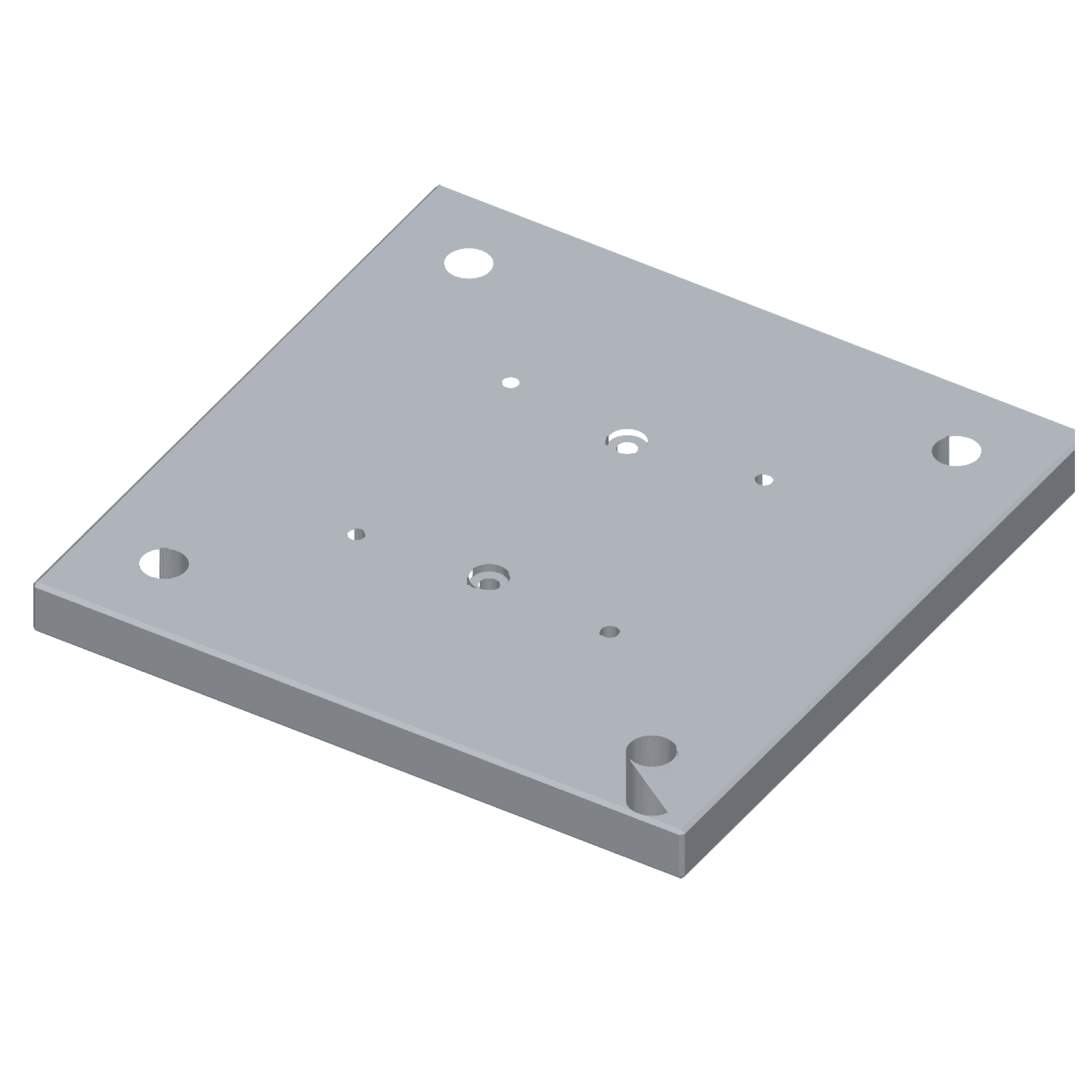 Isometric CAD render of the Ellipse-D breadboard adapter plate showing corner bolt holes, M3 taps, and counterbored dowel bores.