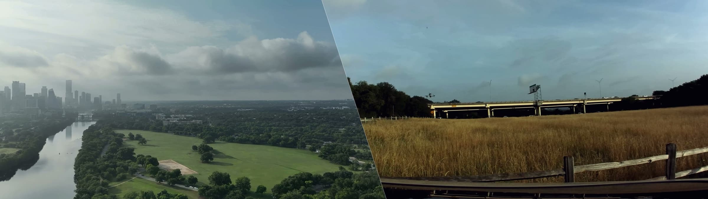 Static frame of the finished split-screen hero billboard: cinematic aerial footage over Austin on the left, ground-station capture of the UAV flying in over a highway on the right.