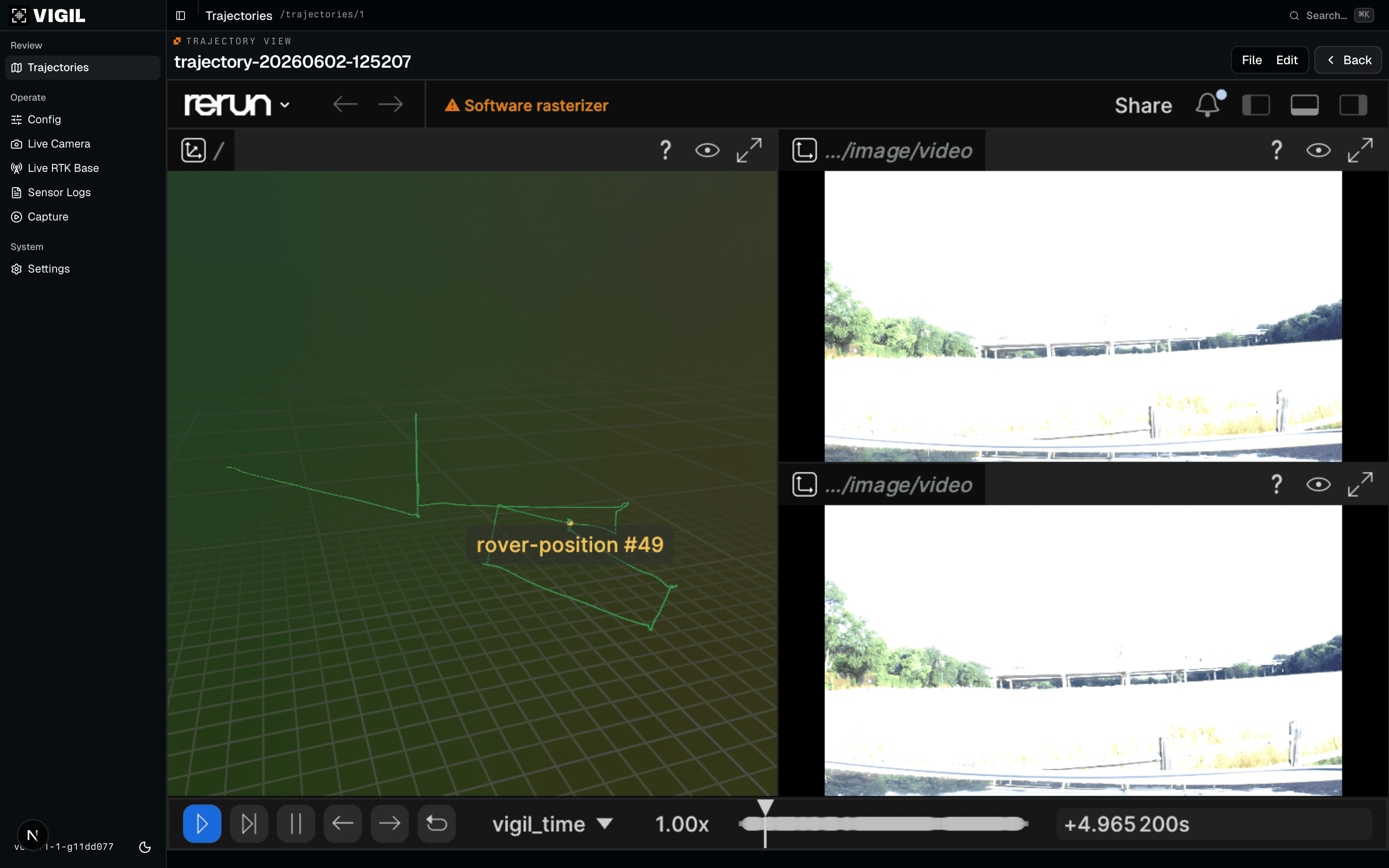 The Vigil UI rerun view for a trajectory: a 3D scene with the UAV trajectory path and rover position alongside synchronized ground-station camera streams.